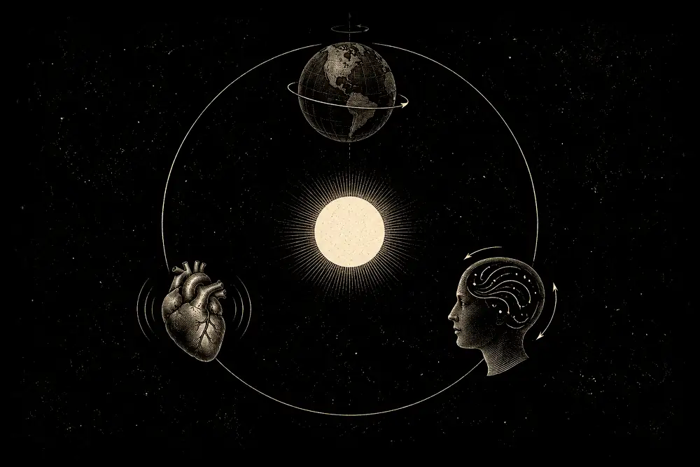 A spinning planet, a beating heart and a moving mind arranged around one gold still point that is none of them