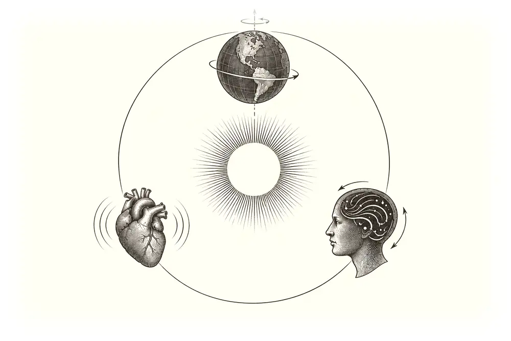 A spinning planet, a beating heart and a moving mind arranged around one gold still point that is none of them