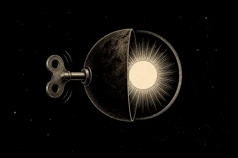 A wind-up key stops turning beside an open circle, with gold marking what is revealed when motion ceases.