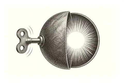 A wind-up key stops turning beside an open circle, with gold marking what is revealed when motion ceases.