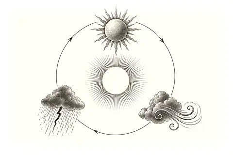 Three weather marks pass through one transparent ring, with gold marking the awareness beyond thing and no-thing.