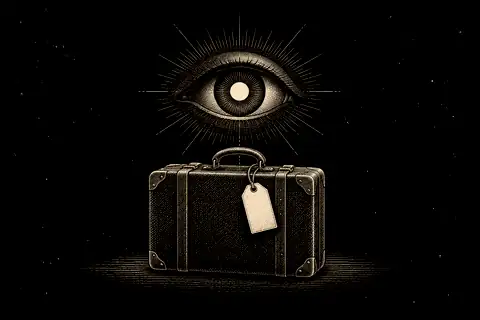 A labelled suitcase is set down before an open eye, with gold marking direct looking.