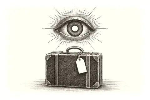 A labelled suitcase is set down before an open eye, with gold marking direct looking.