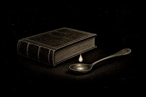 A closed book sits beside a tasting spoon, with gold marking the drop being tasted.