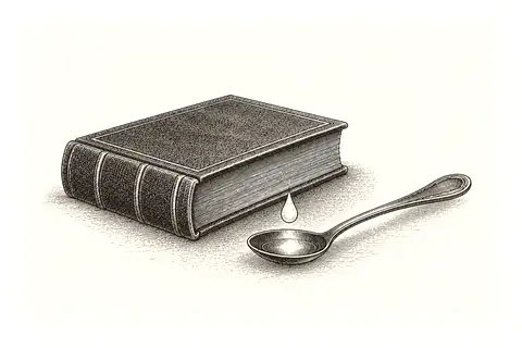 A closed book sits beside a tasting spoon, with gold marking the drop being tasted.