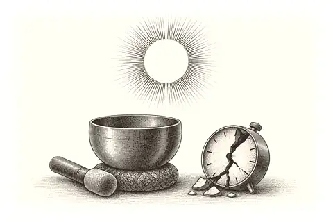 A meditation bell rests beside a broken timer, with gold marking ordinary awareness rather than an achieved state.