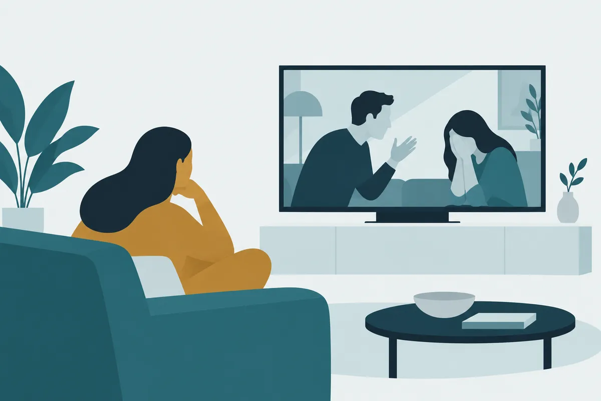 A person on a sofa watching a screen where a character is caught in a drama; the watcher is gold