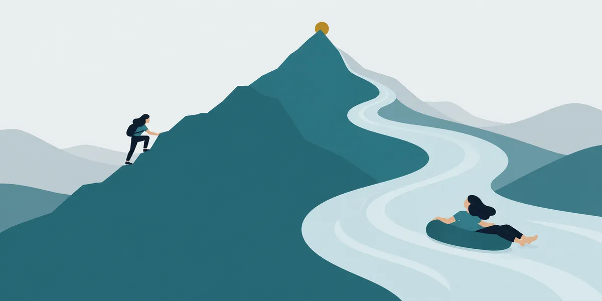 Left: a tiny climber labouring up a mountain toward a gold point. Right: the same figure carried by a river to the same gold point