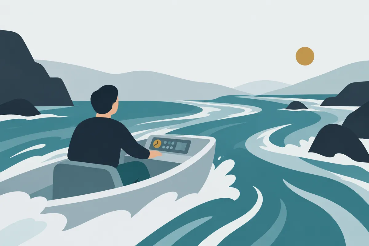 A boat carried by a strong current; inside it a small instrument panel with a hand on it