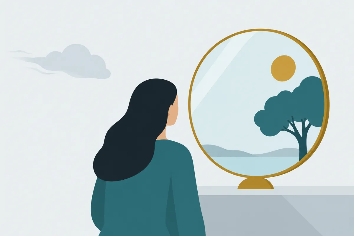 A mirror reflecting a tree and sun in front of it; a faded cloud from an earlier scene leaves no trace on the glass