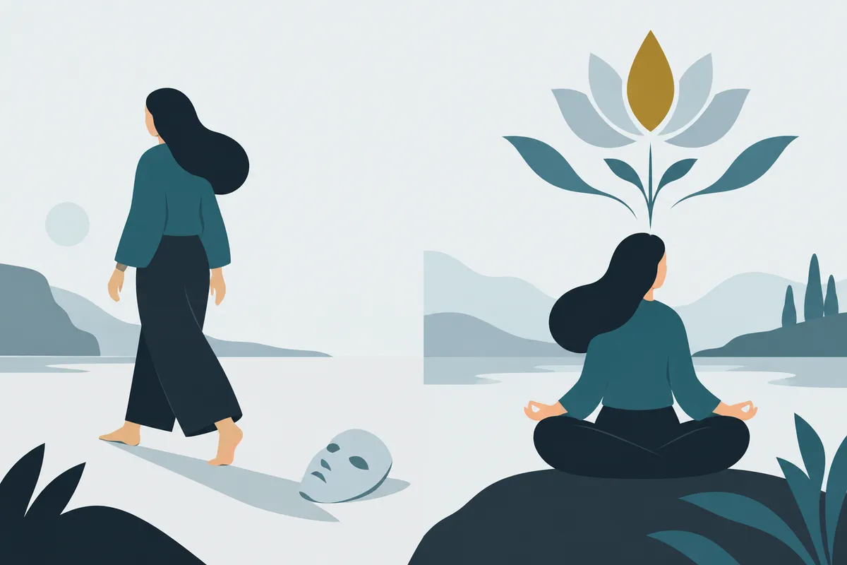 Left: a figure stepping away from a mask left on the ground. Right: the same figure with a lotus growing above, gold at its centre