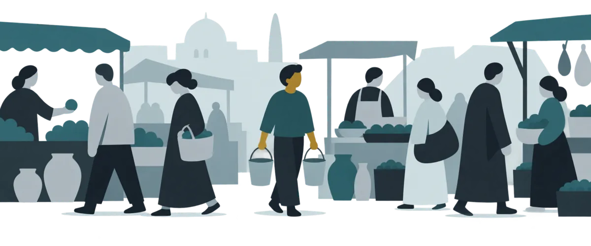 A row of ordinary people at a market, indistinguishable, one of them gold-headed carrying two buckets of water