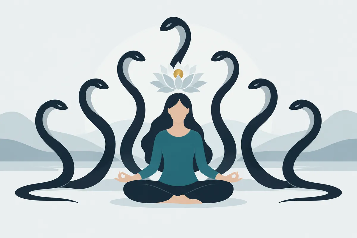 A seated figure at ease with a lotus opening above the crown of the head; seven serpents rise calmly around the figure, attentive and still, none attacking