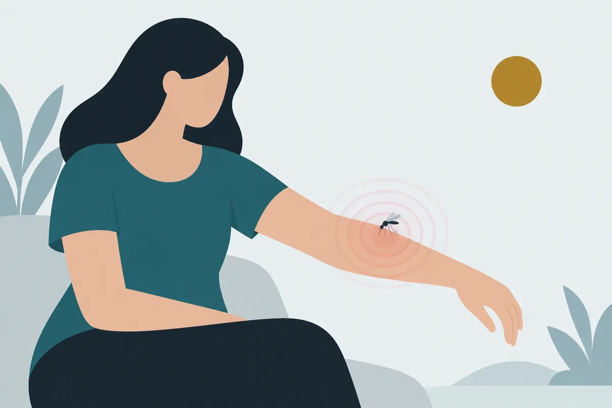 A mosquito on an arm with five numbered rings of response rippling outward, and a gold disc outside all of them