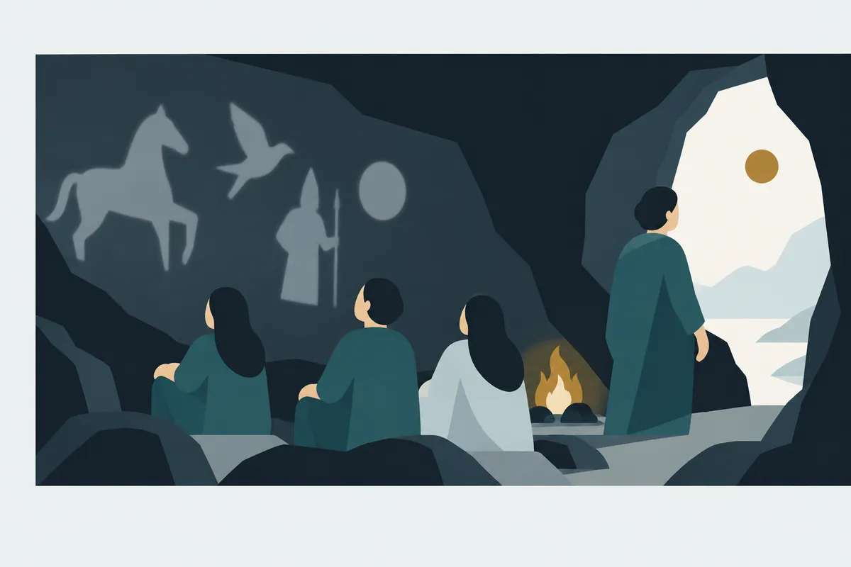 Figures inside a dark cave facing shadows on a wall, a fire behind them; one figure has turned toward the bright opening