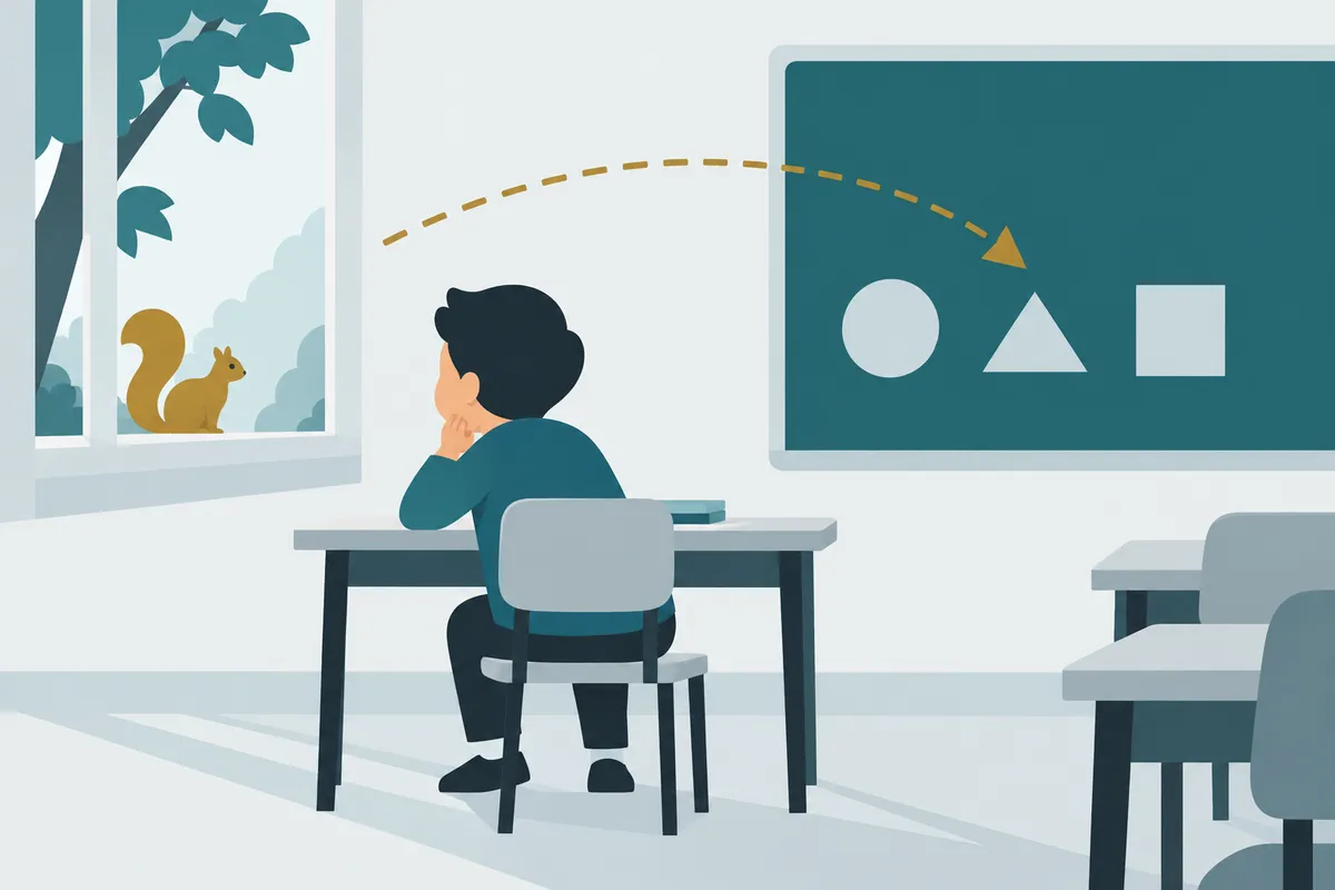 A classroom: a child at a desk, attention drawn to a squirrel in the window, a dashed arrow pulling attention back to the lesson on the board