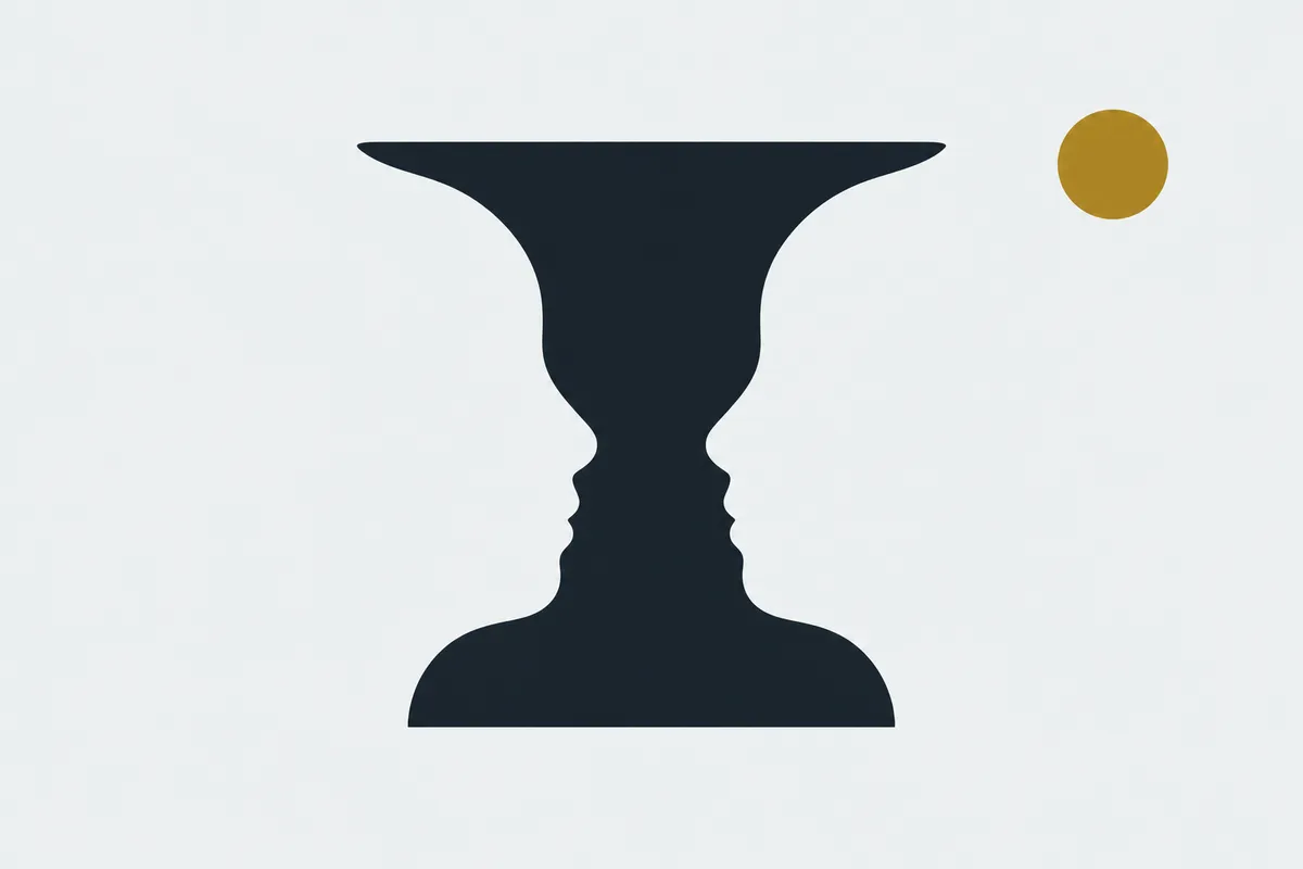 A vase that is also two faces in profile; the vase stands for the whole sensory field and the faces for the witness, and a small gold circle sits outside both, aware of the whole picture