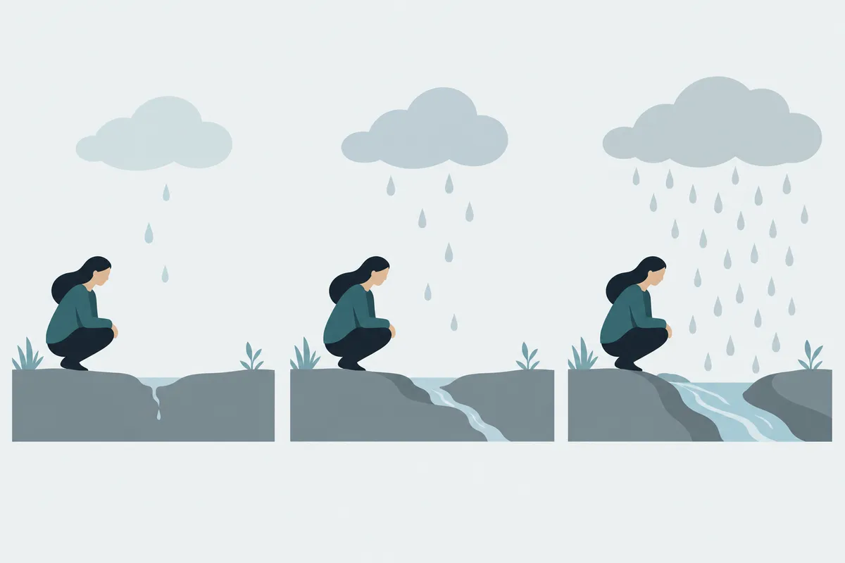 Three frames of ground: a first trickle of water, a shallow groove forming, and a deep channel that later rain follows