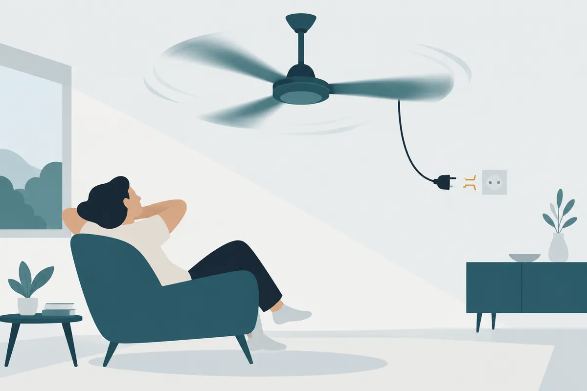 A ceiling fan with its plug pulled out of the socket, blades still turning; a gold bracket marks the gap