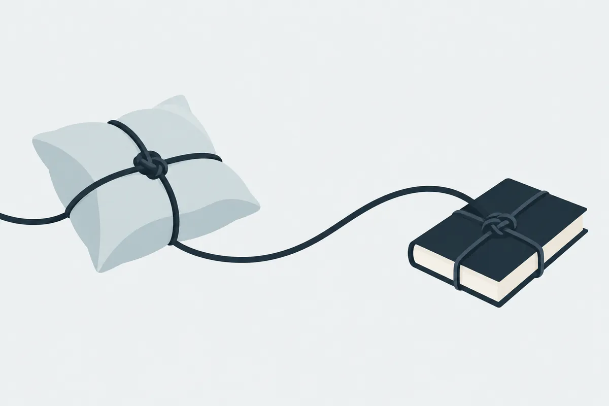 One cord with two knots: one tied around a cushion labelled comfort, one around a book labelled knowing