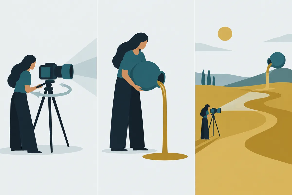 Three panels: a camera turning and zooming, an unbroken stream of oil from a jar, and a gold field containing both