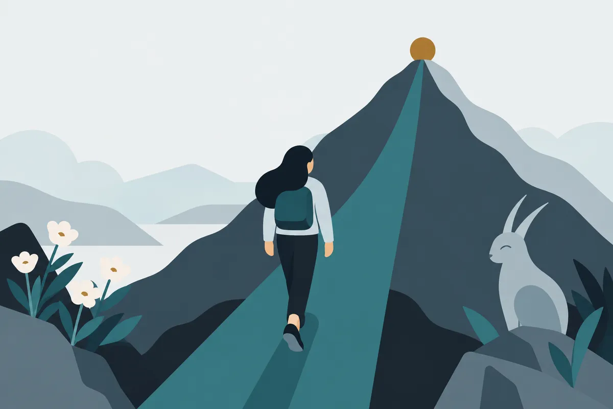 A straight path up a mountain to a gold summit; flowers on one side, a creature on the other; a walker looking straight ahead