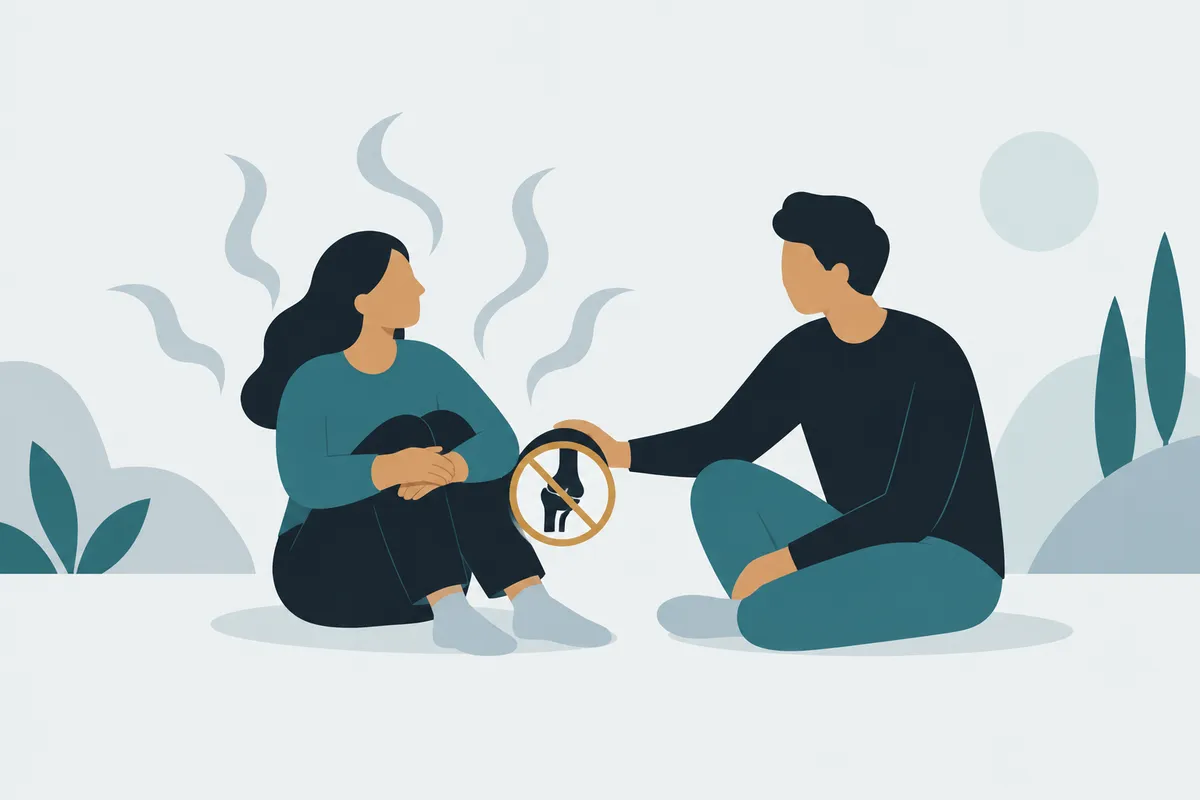Two seated figures: one surrounded by wavy lines of resistance, marked sit through; one with a warning mark at the knee, marked stop and take care