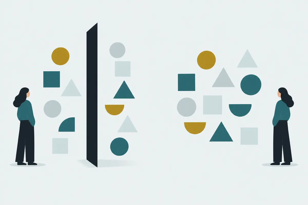 Left: a field of assorted shapes divided by a bold line into for and against. Right: the same shapes with no line