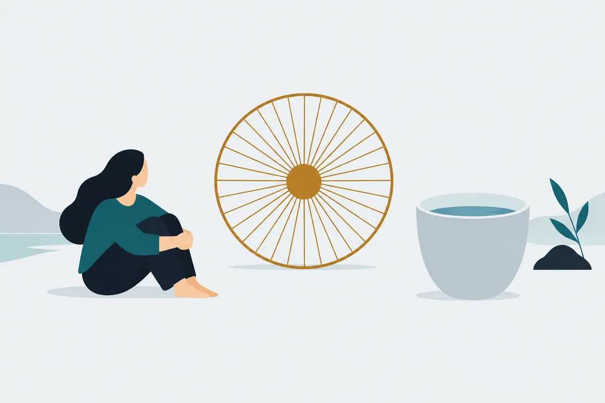 Thirty spokes meeting at an empty gold hub; a cup whose emptiness holds the water