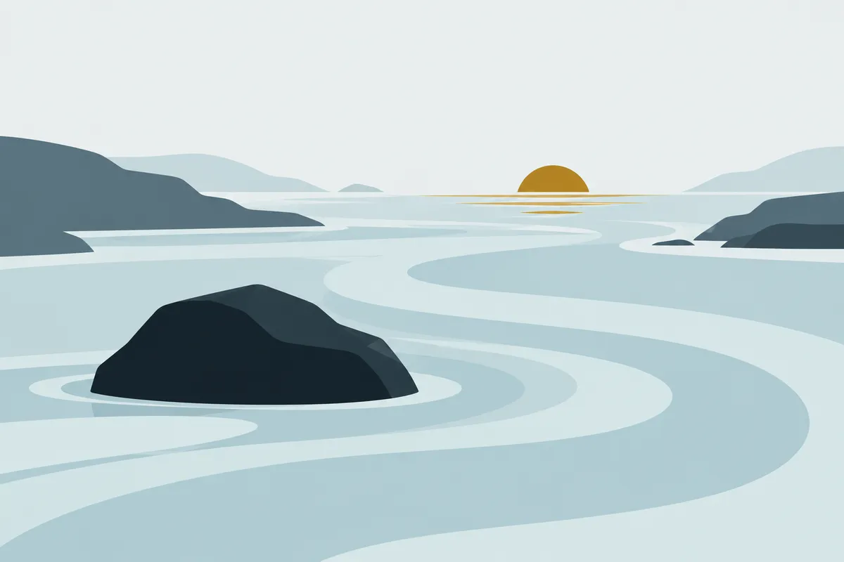 Water flowing around a rock and on toward the sea; the rock unmoved, the water untroubled