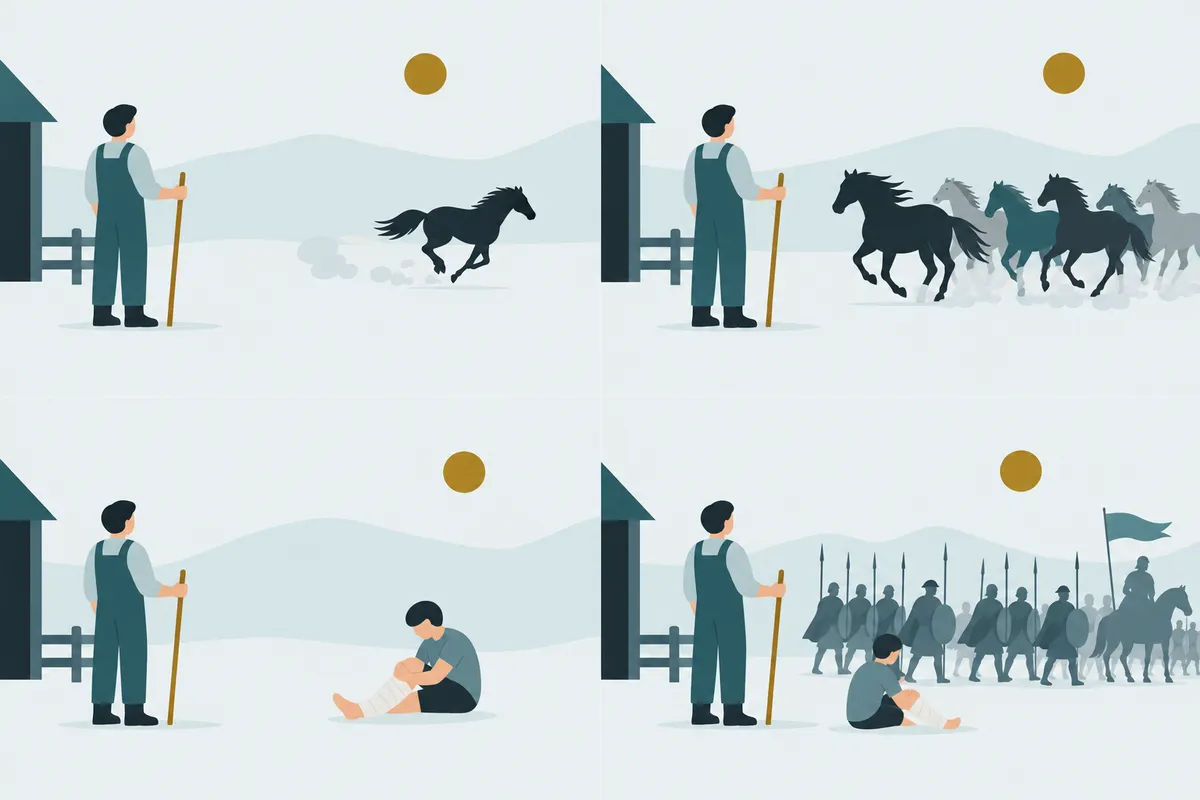 Four frames of the parable: the horse runs off; it returns with wild horses; the son breaks his leg; the army passes him by. The farmer stands unchanged in each