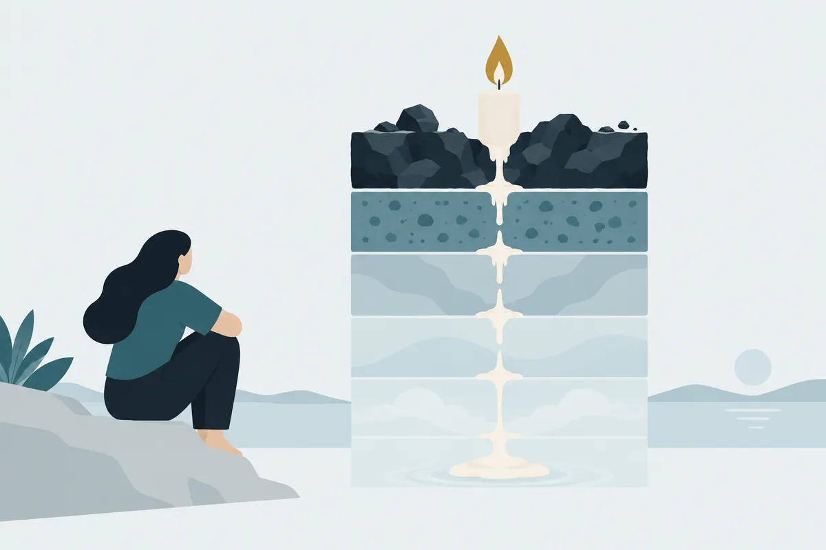 A candle whose bands are labelled hindrances, struggle, preference for pleasure, body and mind, burning down from the top
