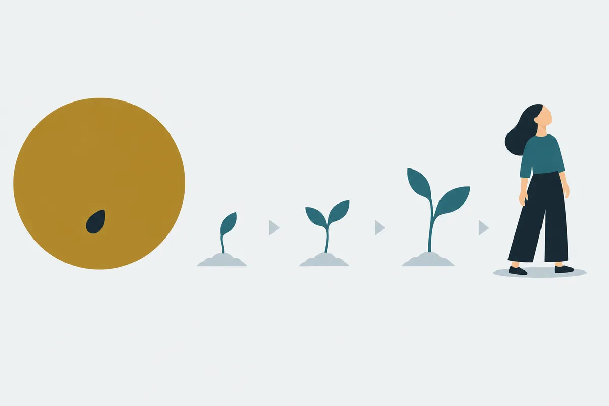 A wide open gold circle representing union with one small dark seed inside; an arrow to the seed sprouting back into a small figure