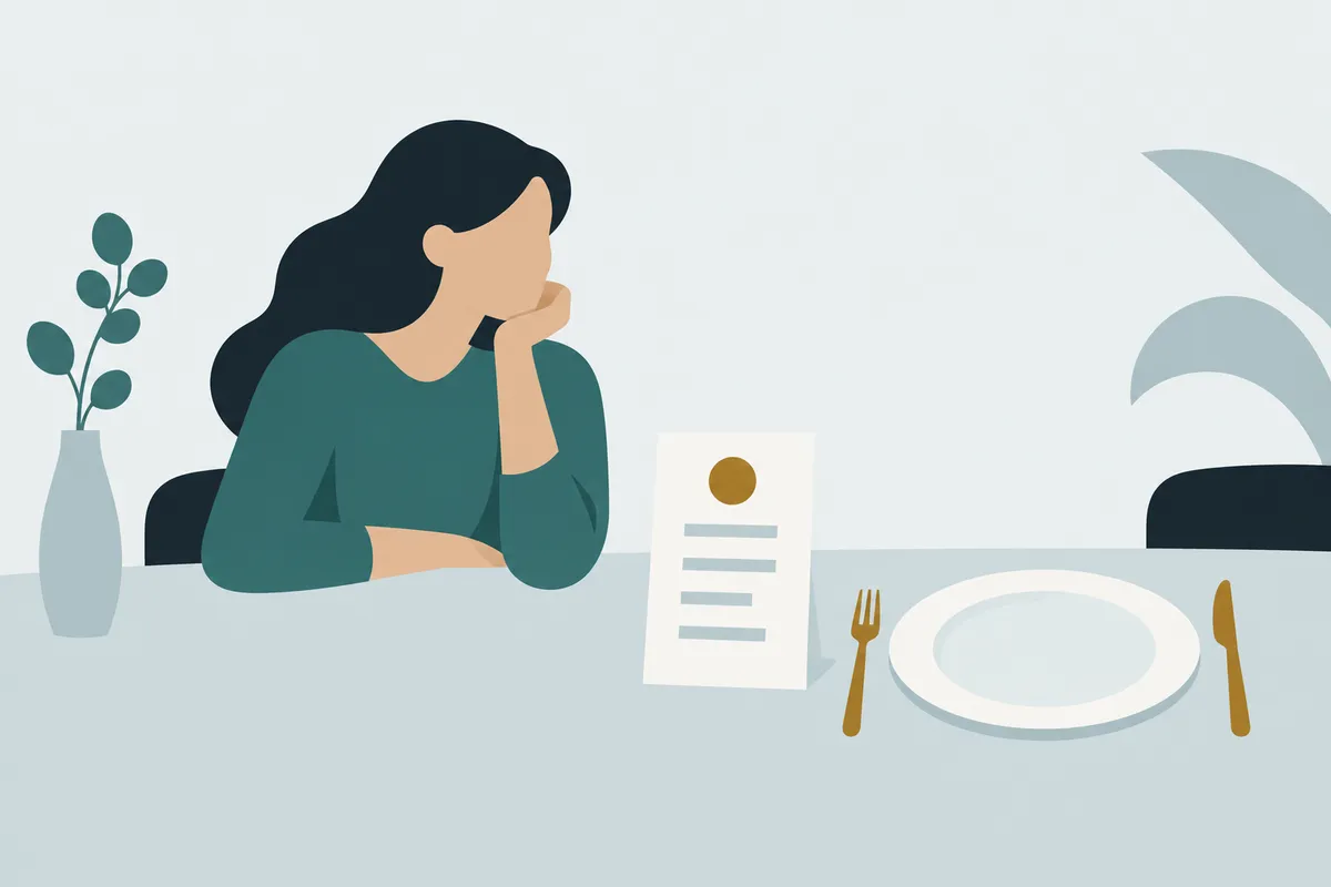 A menu card listing the stages of absorption beside an empty plate with knife and fork