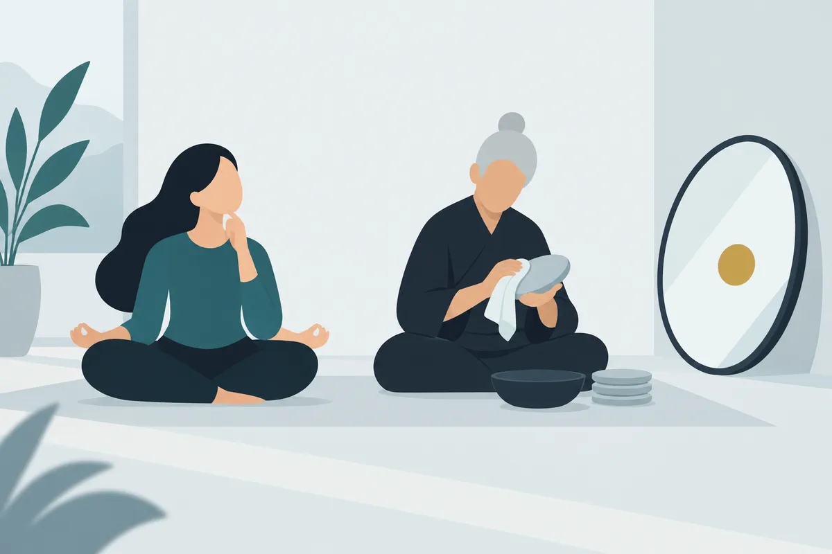 A teacher sits beside a meditating student, polishing a flat stone tile; the student looks puzzled; a round mirror leans against the wall reflecting a gold circle