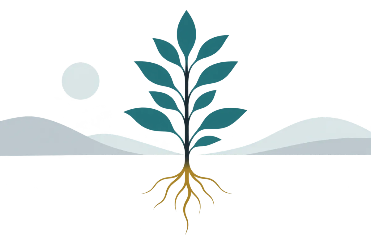 A plant whose leaves are labelled with thoughts, all growing from one stem labelled I, traced down to a gold root