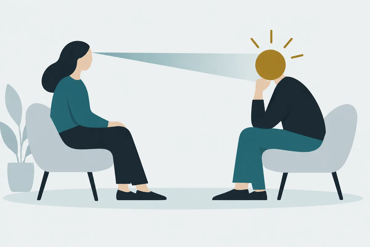 Two seated figures facing each other; a teal beam carries the words tell me who you are from the silent witness to the gold-headed inquirer; a question mark is crossed out