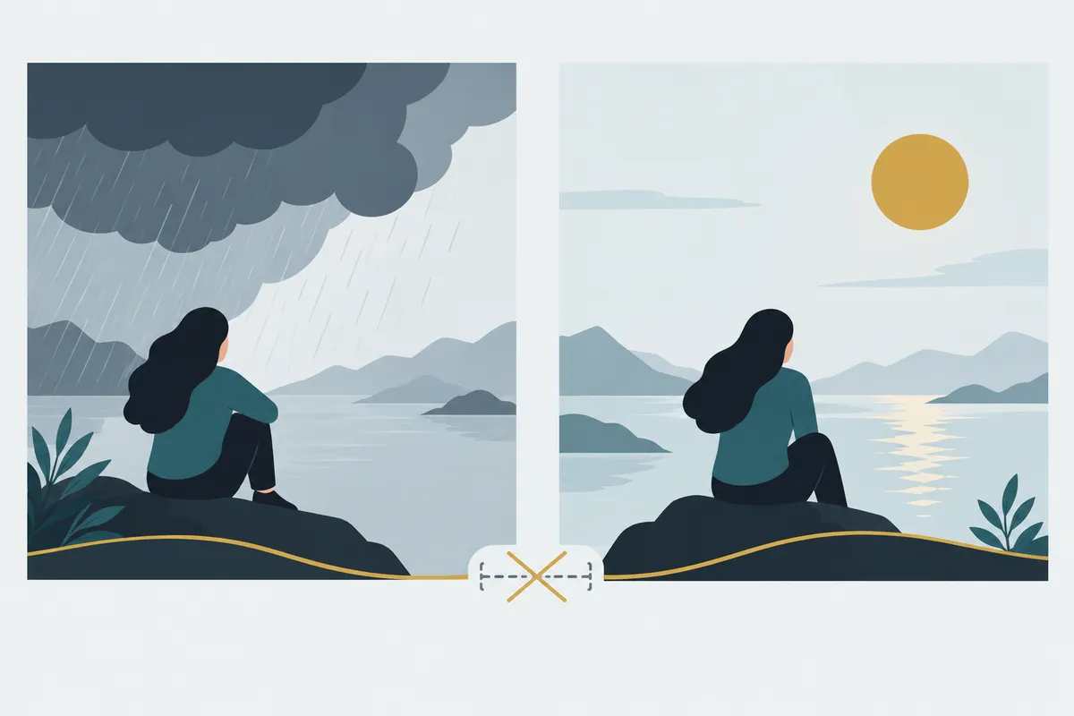 Two panels, then and now, with different phenomena above; one continuous gold band runs under both; a dashed gap bracket between them is crossed out
