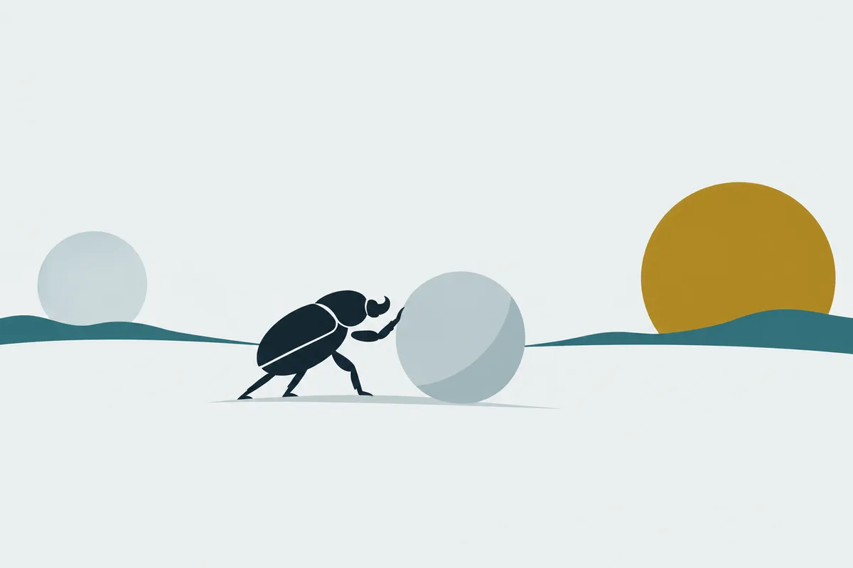 A scarab beetle rolls a round ball along the ground from a pale moon at the left toward a large gold sun at the right