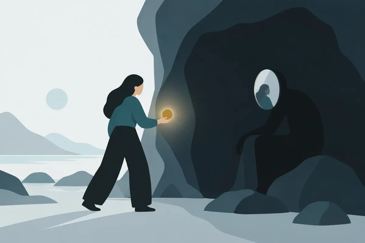 A figure with a small light entering a dark cave to meet a shadowed opponent whose face is a mirror showing the figure