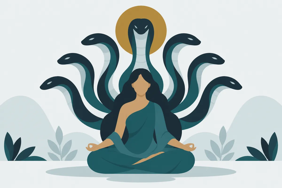 A seated figure with seven calm serpents fanning out behind it, integrated rather than fought