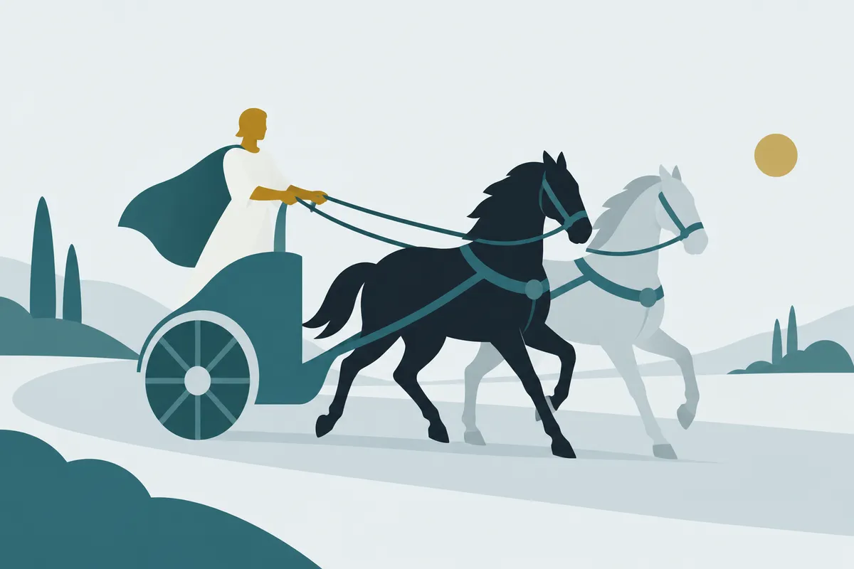 A chariot with a gold-headed driver holding two reins to two horses, one dark and one light, on a road ahead