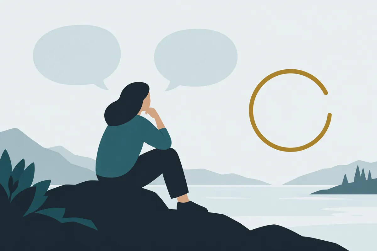 A questioner with two speech bubbles, self? and no-self?, faces an answer drawn as an empty open ring