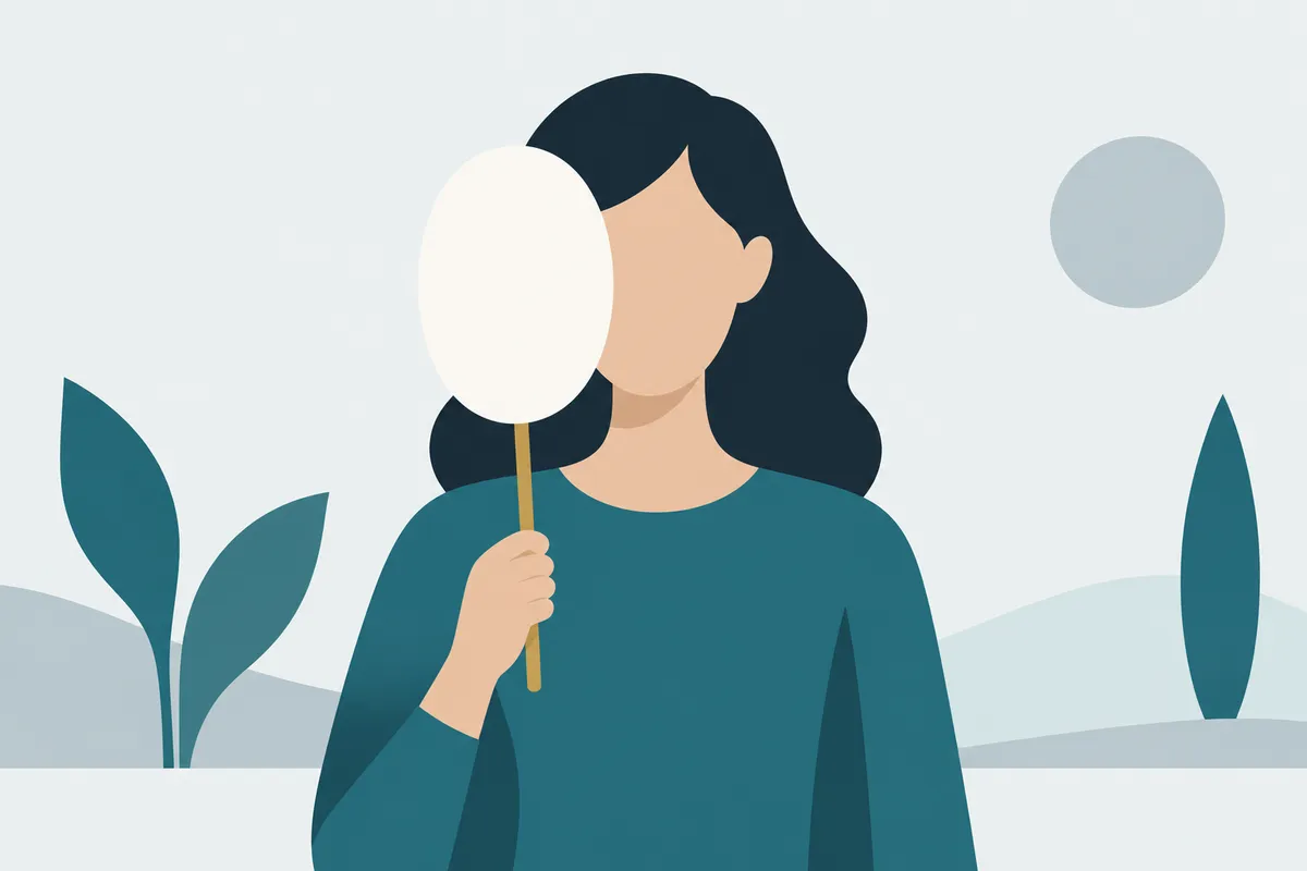 A figure holding up a mask on a stick; the mask reads no-self; behind it the same face