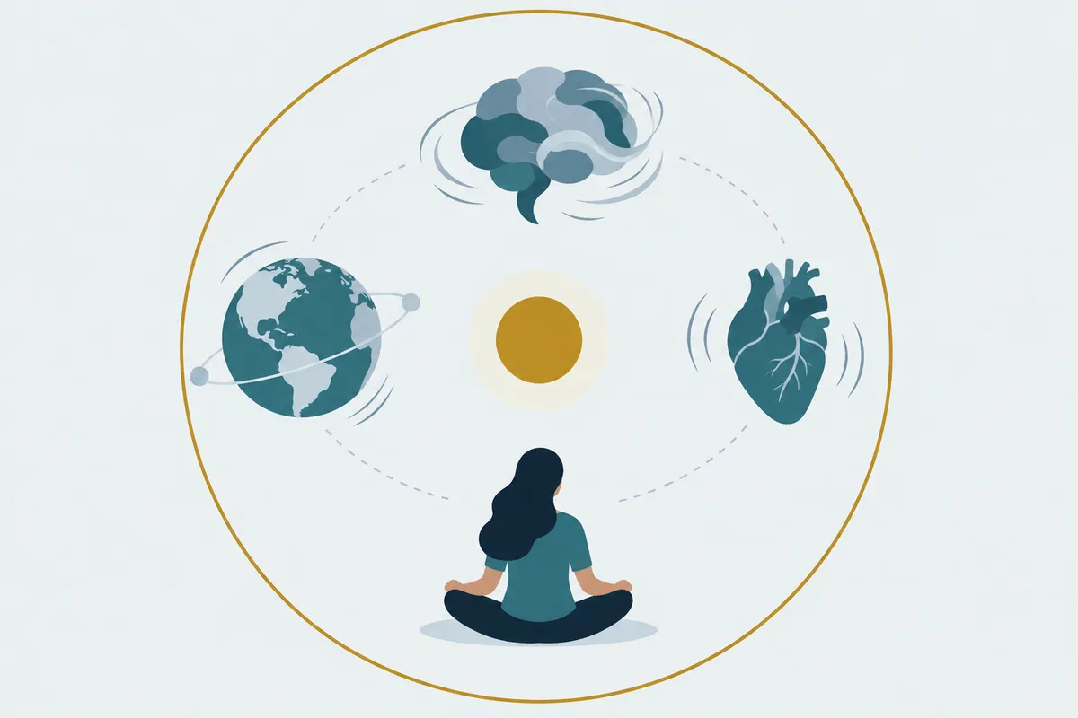 A spinning planet, a beating heart and a moving mind arranged around one gold still point that is none of them