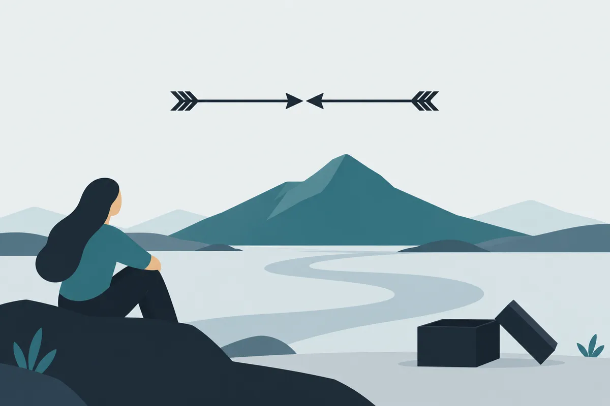 Two arrows shot from opposite sides meet point to point in mid-air above a mountain and a river; a box and its lid rest on the ground below